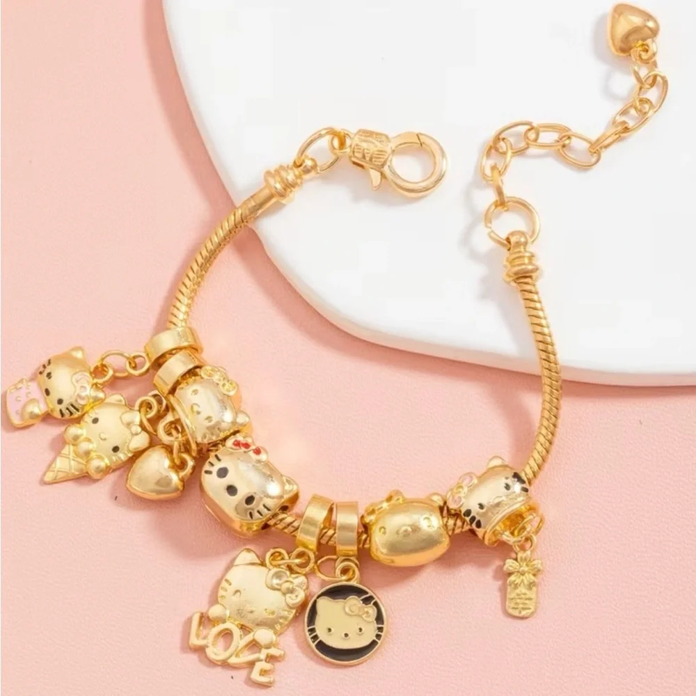 Sanrio Gold Hello Kitty Charm Beaded Bracelet JapaneseAnime Hello Kitty Core Y2K